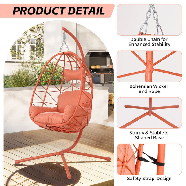 English Elm Hanging Egg Chair Woven Pe Wicker Swing with Stand Washable Cushion Patio Garden T5880P497579