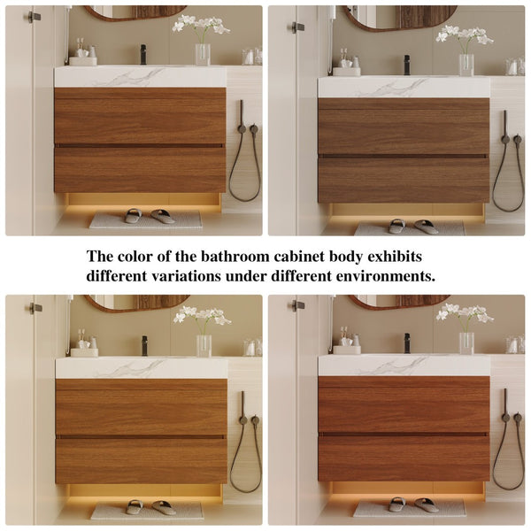 English Elm 29.9" Floating Bathroom Vanity Sintered Stone Top Soft Close Drawers Bronze Gold Hardware W3136S00041