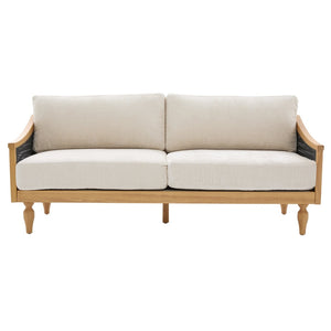 English Elm Mid-century Loveseat with Rattan Armrests Chenille Upholstery and Rubberwood Legs N763P379762Z