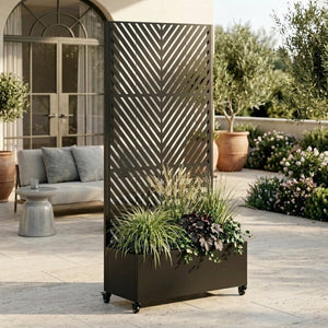 English Elm Metal Raised Garden Bed with Trellis Galvanized Steel Planter on Lockable Wheels W347P399108