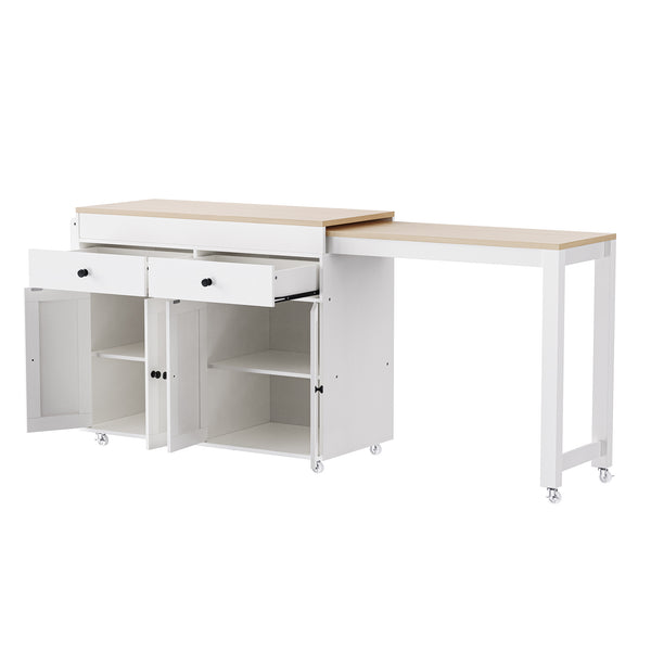 English Elm K&K 74.5" Kitchen Island with 27" Extendable Dining Table, 4-Door Storage, 2 Drawers, Rolling Cart Off White N707S000009W