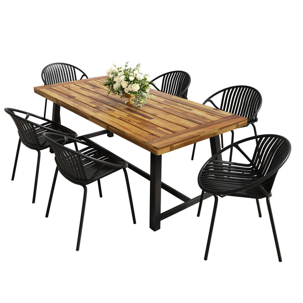 English Elm Christopher Knight Home® - 7 Expandable Outdoor Dining Set with Acacia Table & Stackable Chairs, Durable Metal Frame, Patio Black,Teak N768P192555K_6_N768P190946T