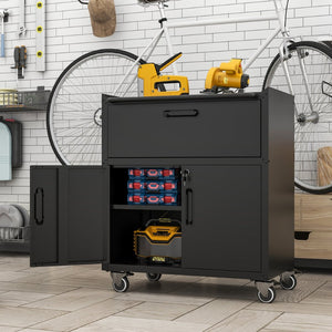 English Elm Sturdy Cold-rolled Steel Rolling Garage Cabinet with Locking Doors and Top Fence T2398P223006