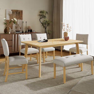 English Elm 6 Piece Dining Set with Rectangular Solid Wood Table, Upholstered Chairs & Bench, Rustic Charm, Easy Assembly, Seats 6 Natural Wood Wash N752S000015D