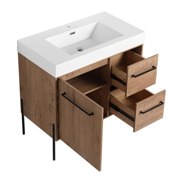 English Elm 36" Freestanding Bathroom Vanity Plywood Base Resin Sink Soft Close Storage W999S00526