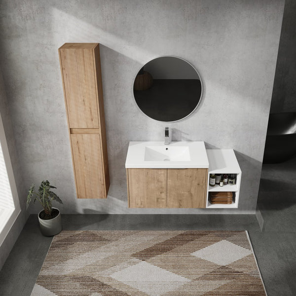 English Elm 42" Wall-Mounted Bathroom Vanity Set With Soft-Close Doors, Resin Sink & Side Cabinets For Style W999S00236