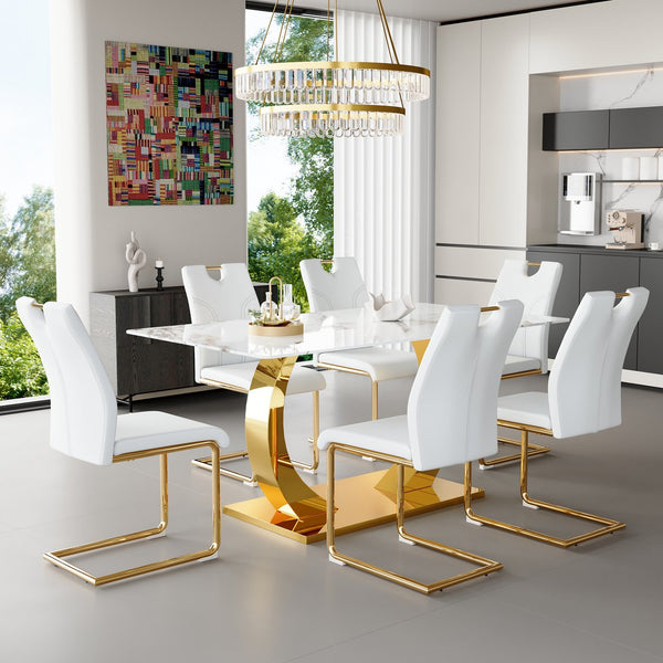 English Elm Marble-Veined Tempered Glass Dining Set: Transformable 63" Table & 6 Gold-Accented Armchairs, Modern Elegance W2920S00086