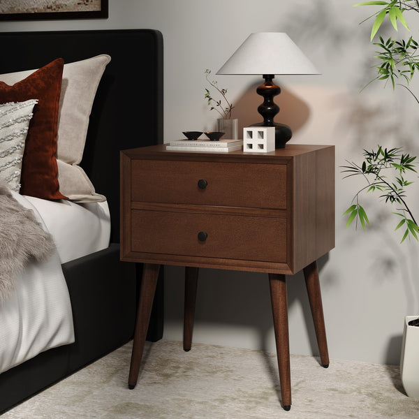English Elm Christopher Knight Home® - Nightstand with 2 Drawers Mid-Century Acacia Wood, Splayed Legs, Brass Hardware, Easy-Glide Storage Brown 20.5 L x 17.5 W x 14.75 H N761P180219M