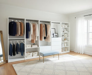 English Elm Prosper White Freestanding Walk-In Wood Closet System with Oak Finish, Durable Melamine Build, Modular Storage Solutions B040S00135