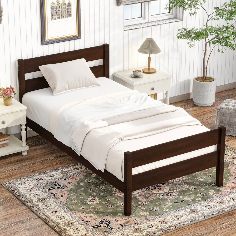 English Elm Twin Minimalist Rubberwood Bed with Headboard & Footboard, Space-Saving Underbed Storage, Durable Slatted Frame Espresso W504P262994