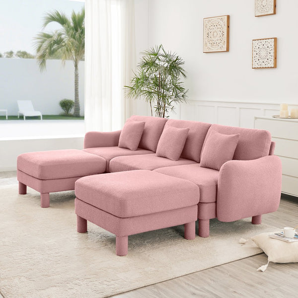 English Elm Boucle U-Shaped 3-Seater Sectional Sofa With Shell Armrests & Movable Ottomans In Chic Pink Color W3041S00294