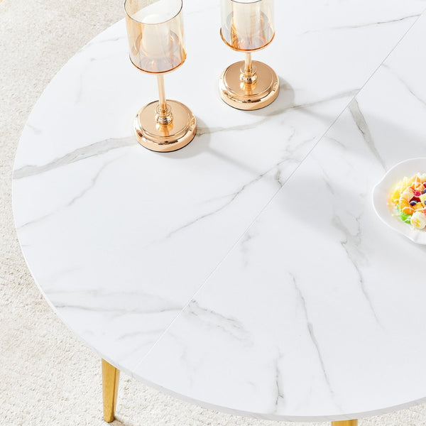 English Elm With Retractable Leaf Round Oval Mdf Top and Sleek Metal Legs Modern Dining Table White+Gold W1151S03870