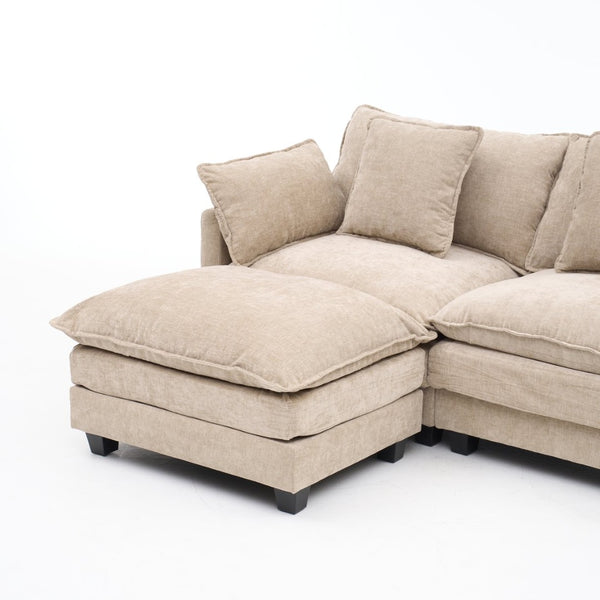 English Elm Beige Chenille Sectional Sofa with Modular Ottoman for Living Room or Studio Coffee W2603S00002
