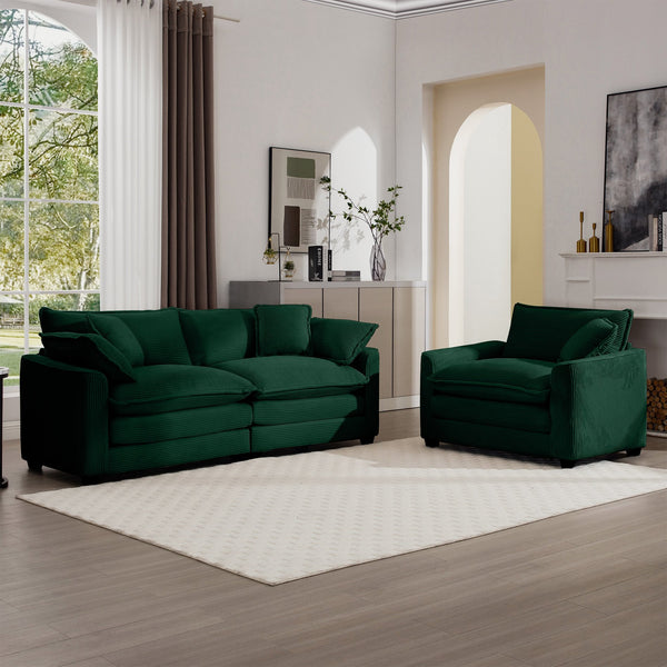 English Elm Mid-Century Modern Sectional Set - Plush Green Corduroy 3-Seater & Single-Seater With Pillows W714S00816