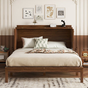 English Elm Queen Size Murphy Bed - Stylish Pine Wood Cabinet With Power Station & Rattan Panel For Space-Saving W504S00234-GIGA
