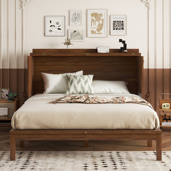 English Elm Queen Size Murphy Bed - Stylish Pine Wood Cabinet With Power Station & Rattan Panel For Space-Saving W504S00234-GIGA