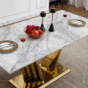 English Elm Marble Dining Table For 6 – Modern Faux Marble Kitchen Table With Chrome Base, Stylish & Durable Design W3456S00020