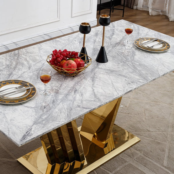 English Elm Marble Dining Table For 6 – Modern Faux Marble Kitchen Table With Chrome Base, Stylish & Durable Design W3456S00020