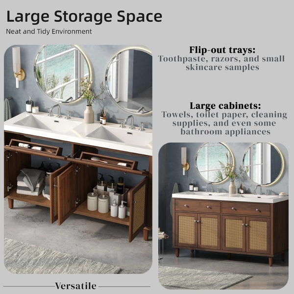 English Elm 60 Inch Double Sink Bathroom Vanity Rattan Pine Legs Soft Close Storage Brown N817P296140B