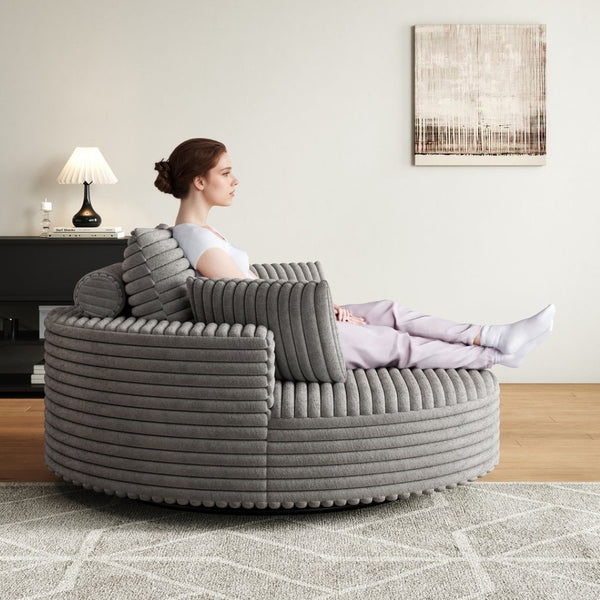 English Elm 55''l 55'l Faux Rabbit Fur Corduroy Swivel Lounge Chair Cloud Foam Seat for Bedroom Grey W834S00449