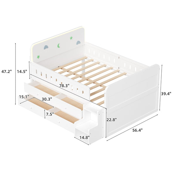 English Elm Wooden Full Bed Frame with Led Headboard Four Storage Drawers and Ladder Shelf White N7090004028K