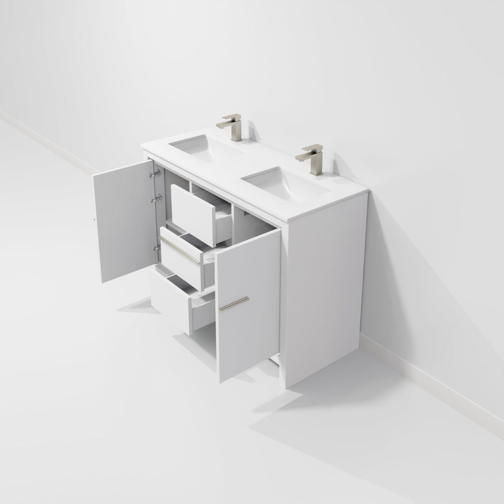 English Elm White Double Bath Vanity With Quartz Top, Gun Metal Faucet & Ample Storage For Modern Bathrooms B2731P259421-GIGA