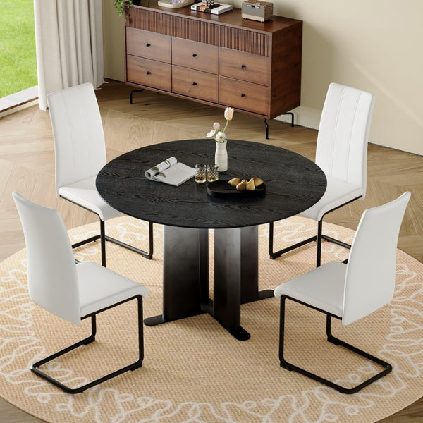 English Elm Modern Round Pedestal Dining Set Five Piece Pu Leather Chairs for Compact Spaces W3875S00074