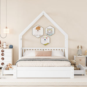 English Elm Wood Queen Size House Platform Bed with Guardrail and 2 Drawers — Charming Kids’ Playful Storage Bedframe White GX000726AAK