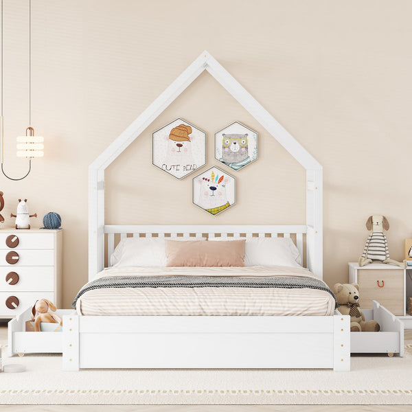 English Elm Wood Queen Size House Platform Bed with Guardrail and 2 Drawers — Charming Kids’ Playful Storage Bedframe White GX000726AAK