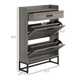 English Elm HOMCOM Industrial Narrow Shoe Cabinet with 2 Flip Drawers, Adjustable Shelves & Top Drawer for Entryway Organization and Hidden Storage Gray W2225P229448