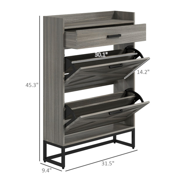 English Elm HOMCOM Industrial Narrow Shoe Cabinet with 2 Flip Drawers, Adjustable Shelves & Top Drawer for Entryway Organization and Hidden Storage Gray W2225P229448