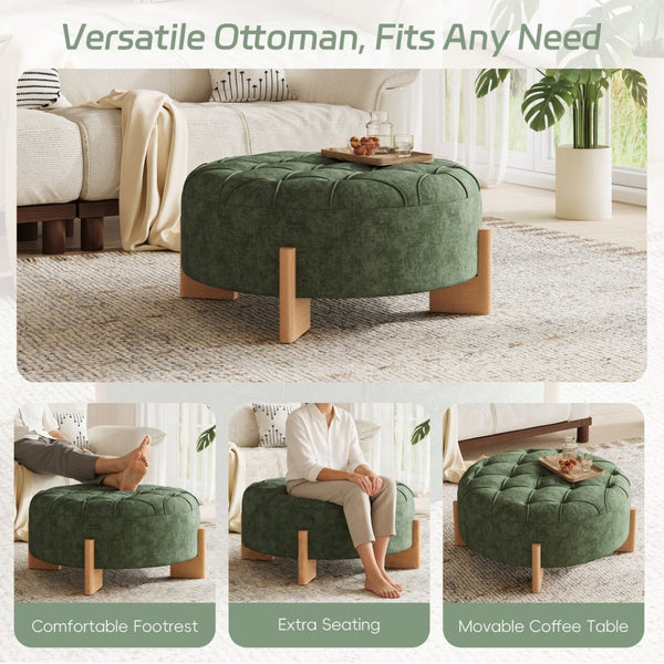 English Elm 32" Round Chenille Ottoman Tufted Footrest with Rubberwood Legs for Living Room Green N723P405298G