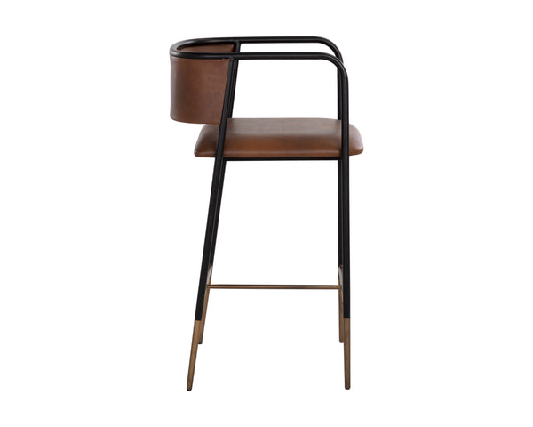 Sunpan Brenan Counter Stool - Elegant Curved Backrest, Unique Faux Leather, Black Metal Frame & Brass Caps Bravo Cognac