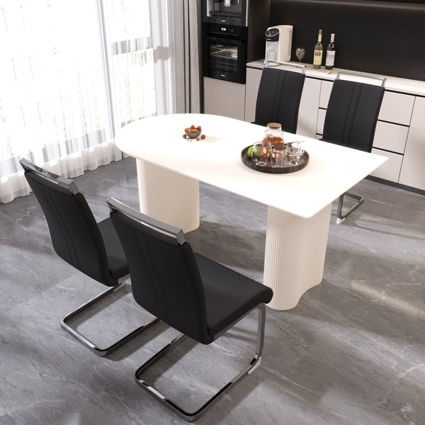 English Elm 63 Inch Cream Mdf Dining Table Set with Pu Chairs and Sculptural Wavy Legs for Five W2189S00903