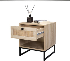 English Elm Birch Coastal Side Table with Drawer, Natural Wood Top & Black Metal Legs — Compact Storage Accent B347P340050