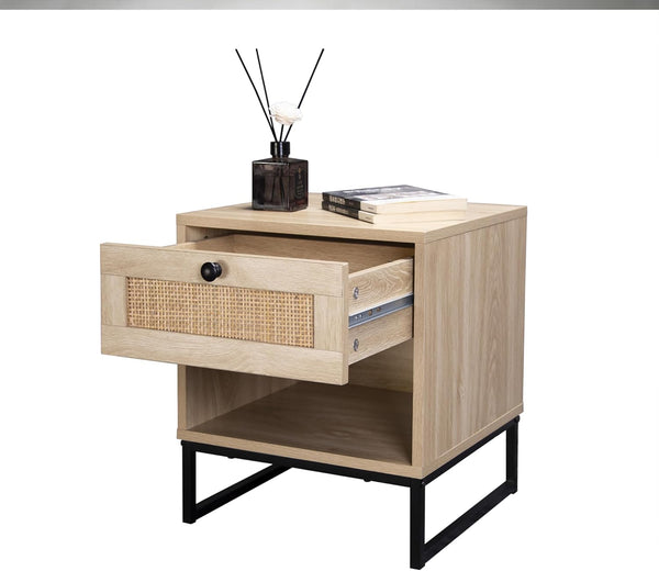 English Elm Birch Coastal Side Table with Drawer, Natural Wood Top & Black Metal Legs — Compact Storage Accent B347P340050