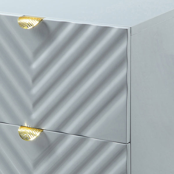 English Elm Grey High Gloss Wave Nightstand with Gold Accents, 2 Drawers, Metal Legs — Modern Textured Storage B062P186417
