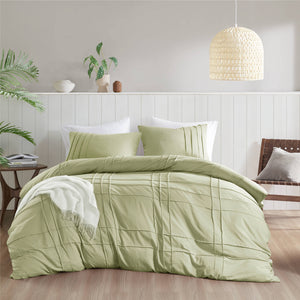 JLA Home Comfort Spaces - Soft Washed Pleated Duvet Cover Set delivers cloud-like comfort, OEKO-TEX safety, breathable microfiber, tailored grid pleat elegance Sage AM12-0440