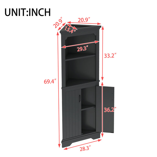 English Elm Tall Corner Cabinet with Doors - Slim Black Storage Tower for Living Room, Bathroom, Kitchen, Office W1580P332942