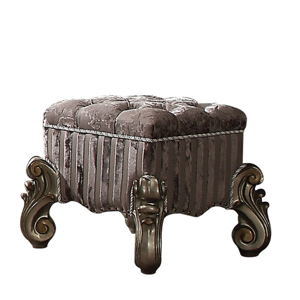 English Elm Light Purple Button-Tufted Floral Vanity Stool with Striped Base, Nailhead Trim & Antique Platinum Legs B062P209001