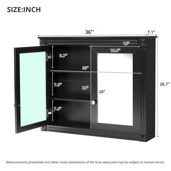 English Elm 36'' Wall Mounted Medicine Cabinet with Dual Mirrors Soft Close Doors Bathroom Storage Black N710P371186B