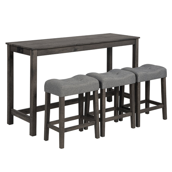 English Elm 4 Piece Bar Table Set with Power USB Type-C Outlet, Dark Gray Rustic Wood Grain Top, 3 Padded Stools for Living Room Dining Comfortable Seating and Durable Rubberwood Legs W1998P193827