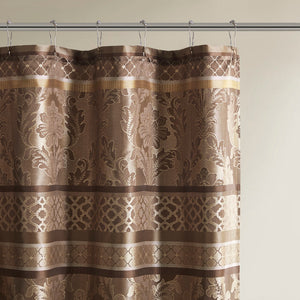 JLA Home Madison Park - Jacquard Chocolate Brown Shower Curtain 72x72 — Durable Polyester Jacquard with Leaf, Stripe & Ironwork MP70-3035