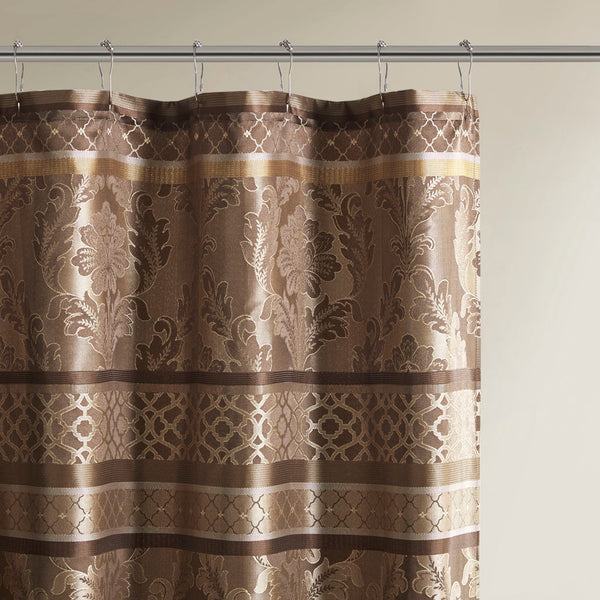 JLA Home Madison Park - Jacquard Chocolate Brown Shower Curtain 72x72 — Durable Polyester Jacquard with Leaf, Stripe & Ironwork MP70-3035