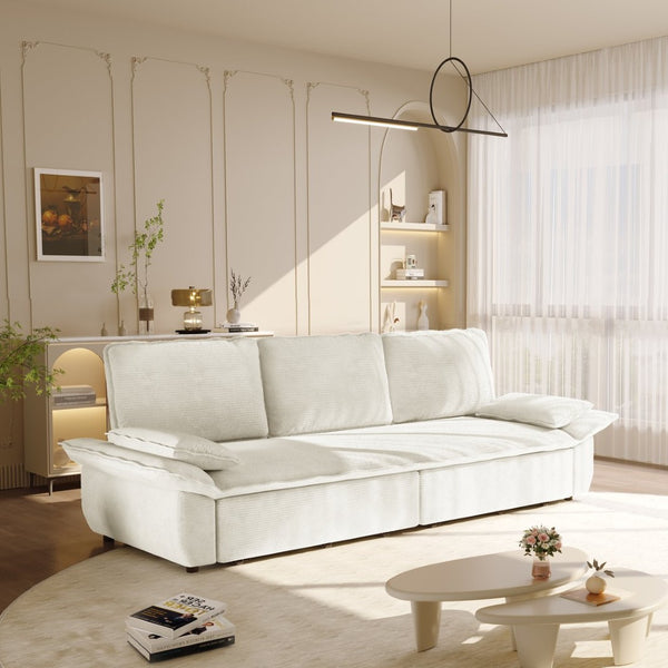 English Elm 94.5" King Convertible Sleeper Sofa Corduroy Upholstered Chaise Lounge Guest Room Bed White W1885S00403