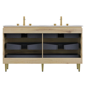 English Elm AMARA 60" Bathroom Vanity with Integrated Sintered Stone Basin, Preassembled Plywood Cabinet with Motion-Activated Light and Soft-Close Drawers Carrara White,White Oak W2615P346338