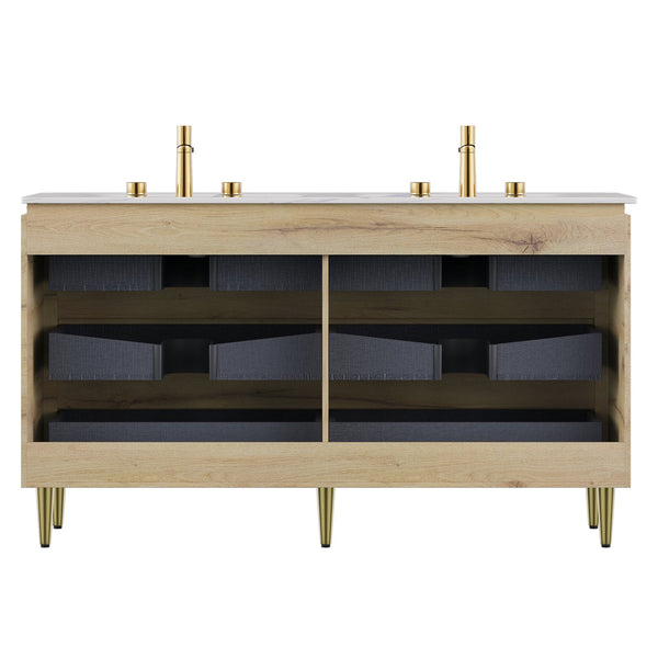 English Elm AMARA 60" Bathroom Vanity with Integrated Sintered Stone Basin, Preassembled Plywood Cabinet with Motion-Activated Light and Soft-Close Drawers Carrara White,White Oak W2615P346338