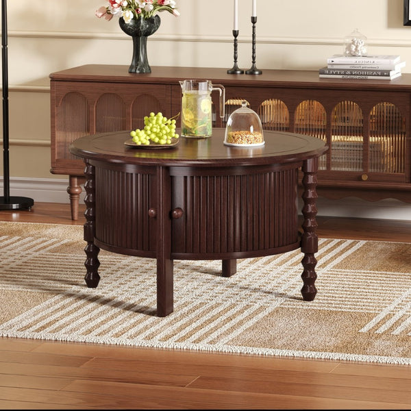 English Elm Vintage Round Coffee Table With Hidden Storage - Mid Century Modern Accent Table For Small Spaces N735P277387D-GIGA