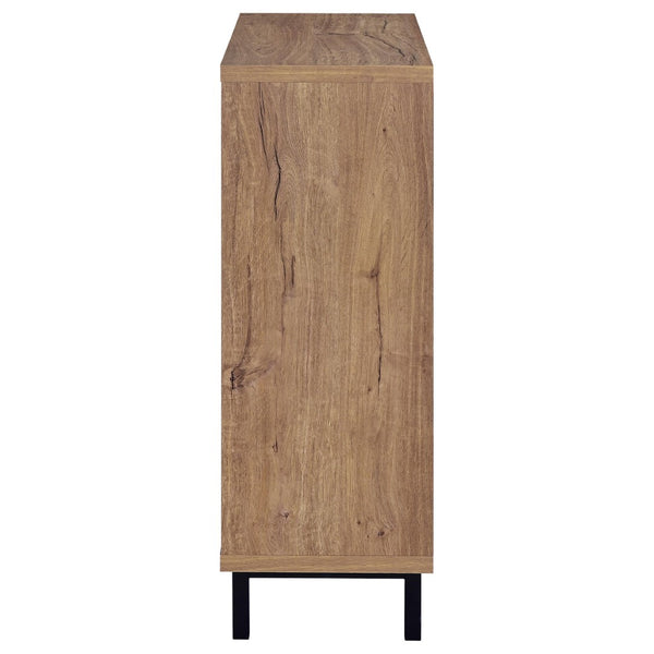 English Elm Stagg Oak Finish Shoe Cabinet with Cane Doors and Black Metal Legs for Entryway B062P451792
