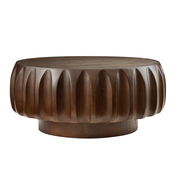 English Elm Round Birch Carved Coffee Table with 3D Relief Frame, Mountain-Grain Veneer Top, Sculptural Elegance Walnut W3137P270434